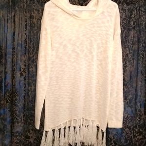 White fringed hooded Long sweater Nwot